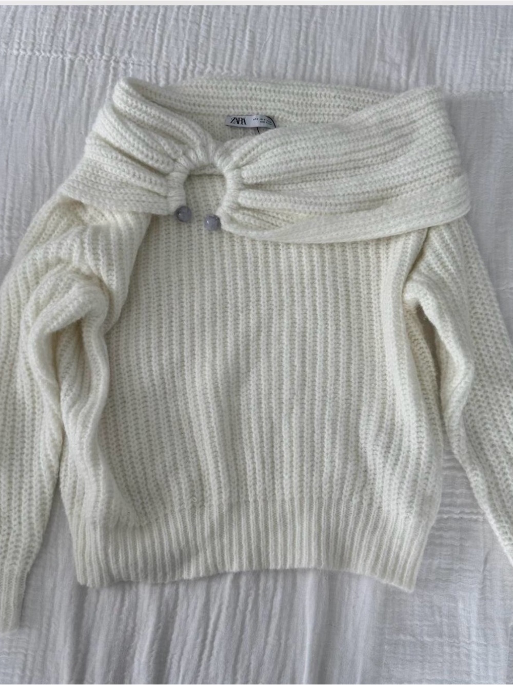 Zara Off-the-Shoulder Fold-Over Knit Sweater in Cream